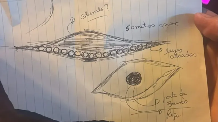 Desenho feito por Mayk Leão a pedido dos seguidores tenta reproduzir o formato e a disposição das luzes do suposto OVNI avistado sobre uma serra em Campo Largo, na Região Metropolitana de Curitiba.