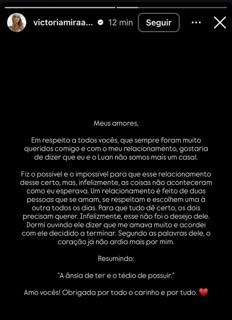 Influencer diz que foi surpreendida com fim do noivado com Luan Pereira