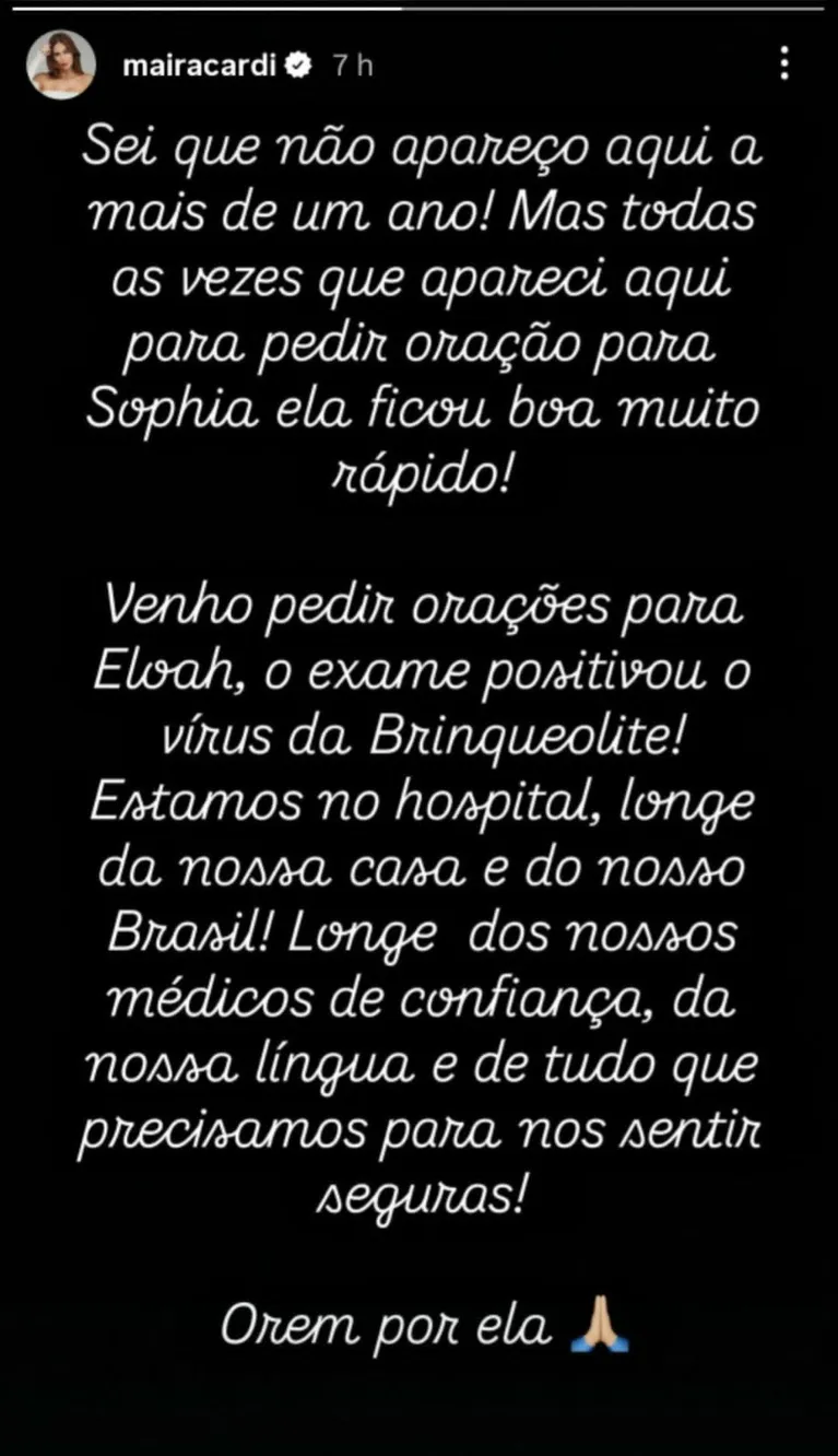 Maíra Cardi pede orações para a filha após diagnóstico