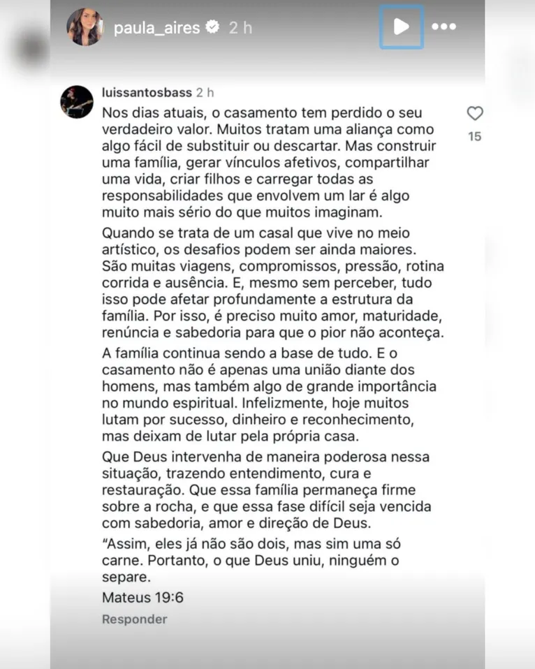 Suposta traição vem à tona após separação do cantor Matheus e Paula Aires