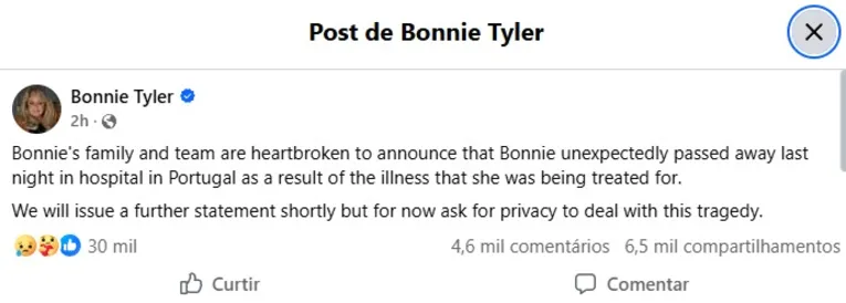 Morre Bonnie Tyler, do hit 'Total Eclipse of the Heart', aos 75 anos