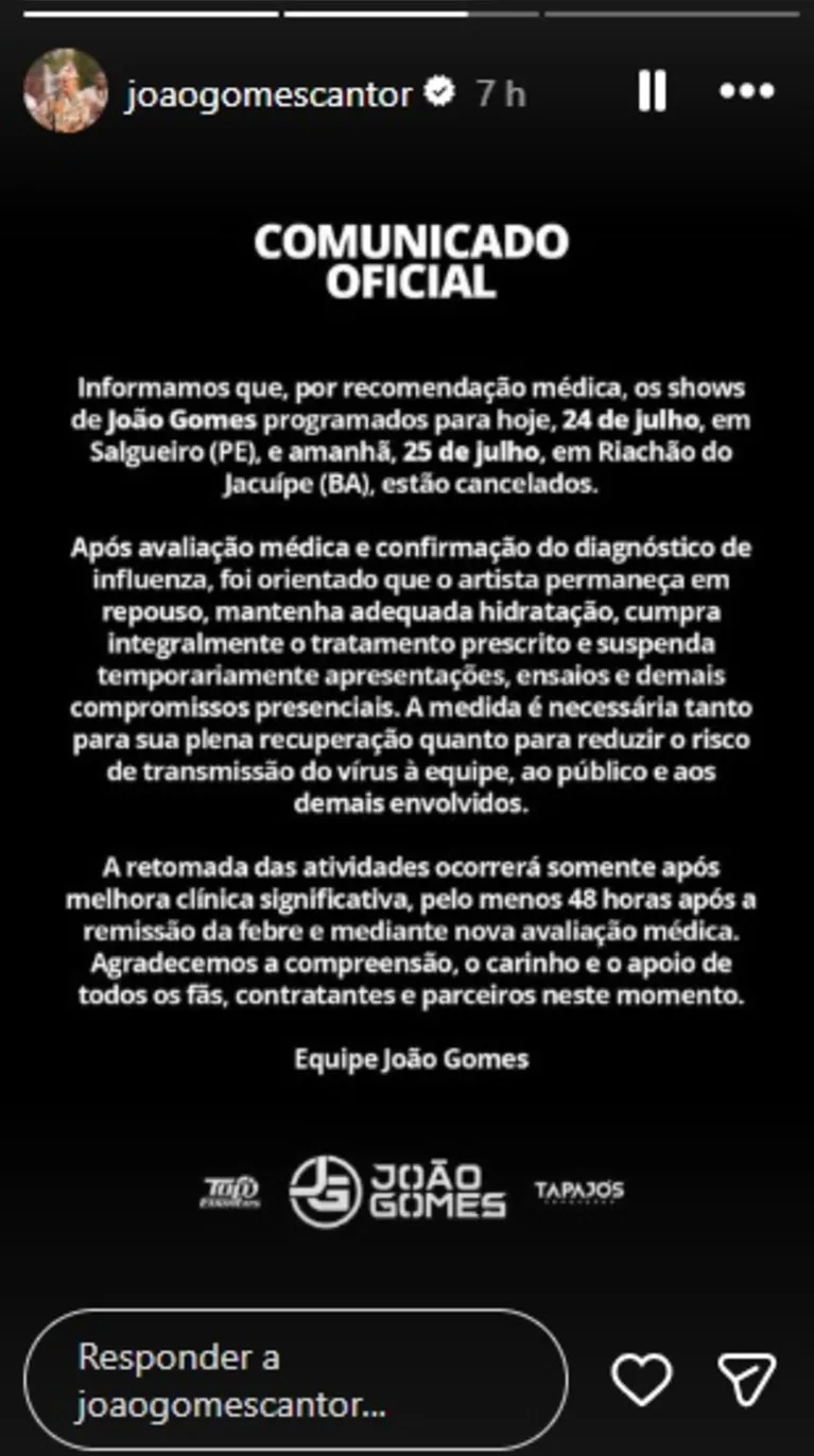João Gomes é internado às pressas e cancela shows