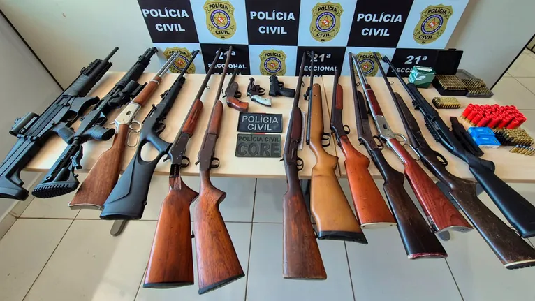 Armas de fogo e centenas de munições de diversos calibres apreendidas pelos policiais civis durante as buscas em residências de investigados.