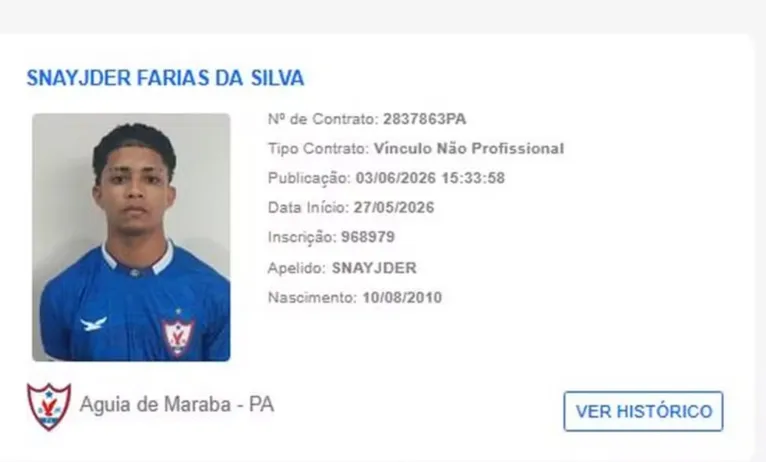 Snayjder, jovem registrado pelo Águia de Marabá, chama atenção pela coincidência entre seu nome e o de Sneijder, algoz da Seleção Brasileira na Copa do Mundo de 2010.