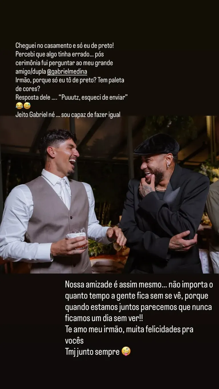 Neymar pede 'desculpas' a Medina por roupa em casamento