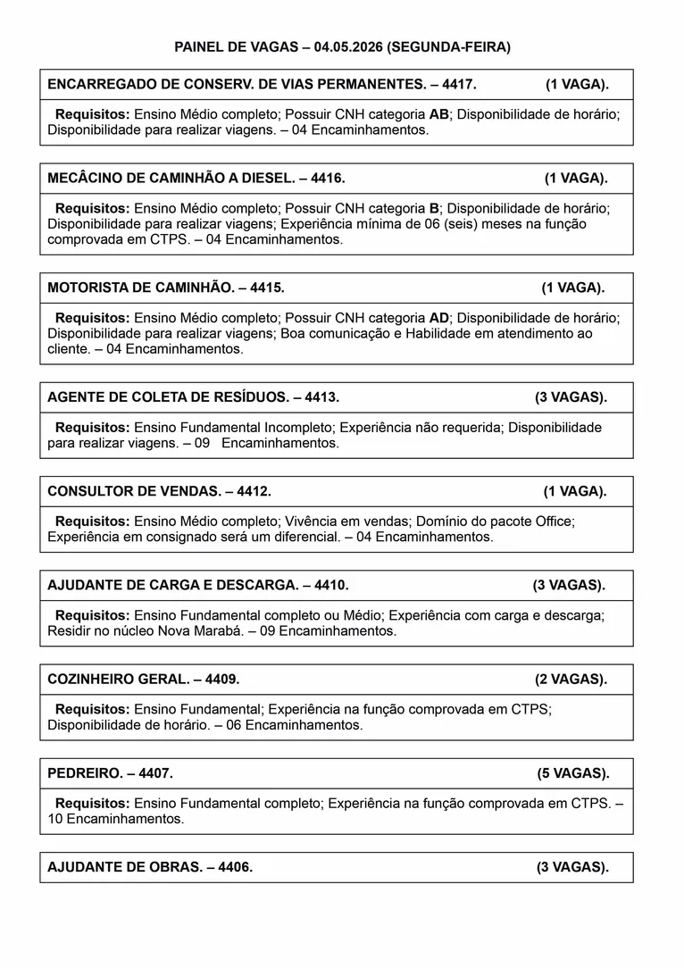Sine Marabá oferece 167 novas vagas de emprego nesta segunda