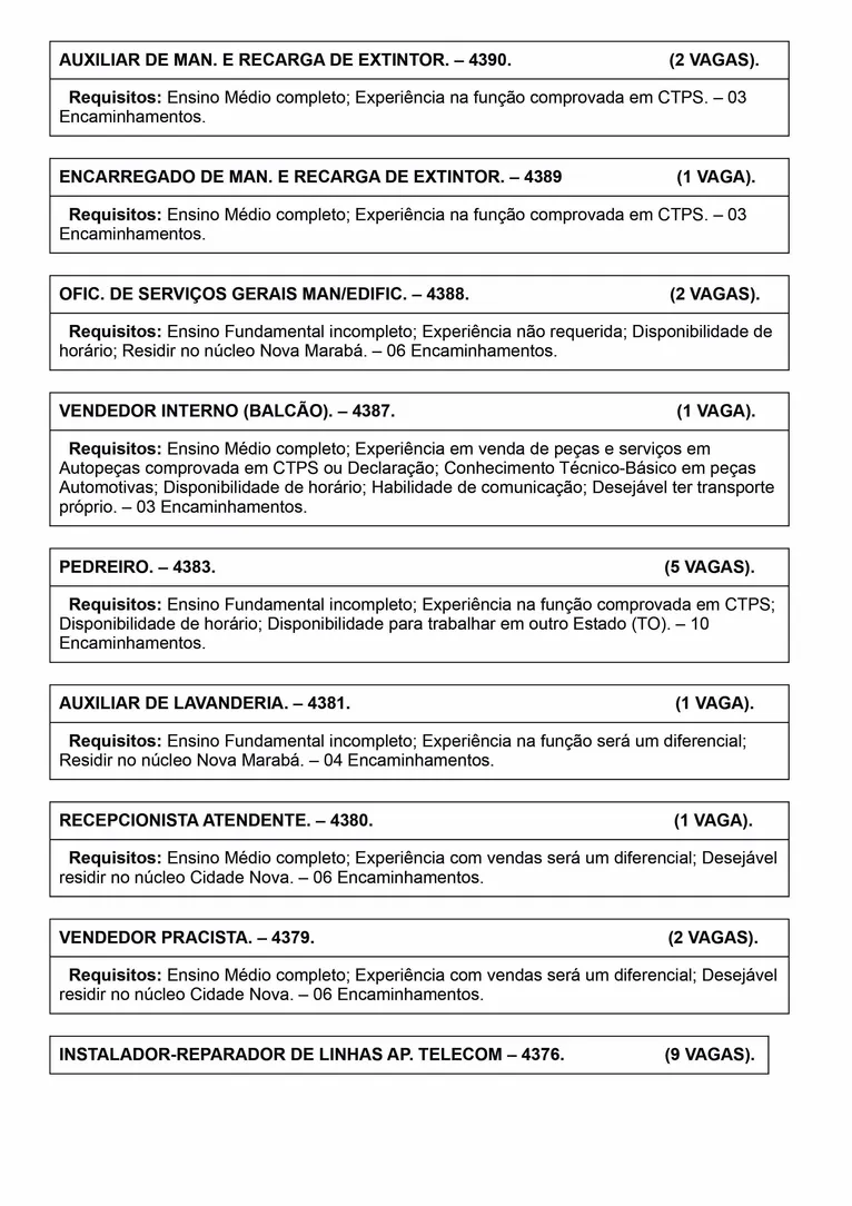 Sine Marabá oferece 167 novas vagas de emprego nesta segunda