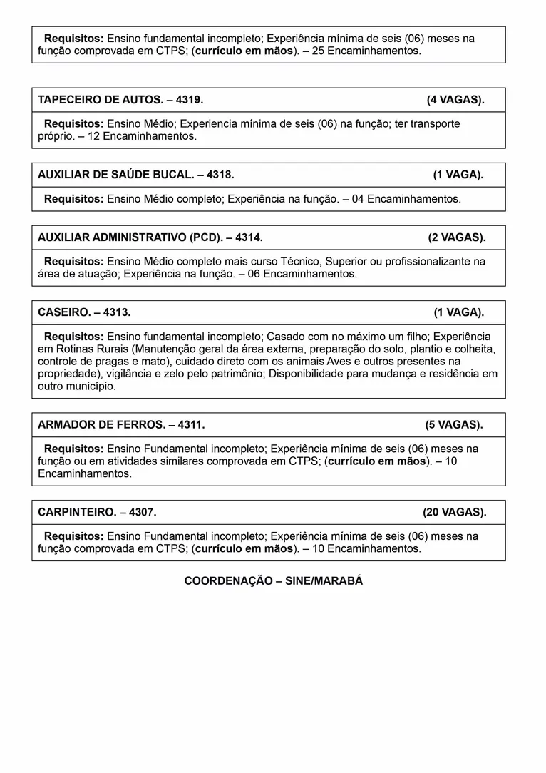 Sine Marabá oferece 167 novas vagas de emprego nesta segunda