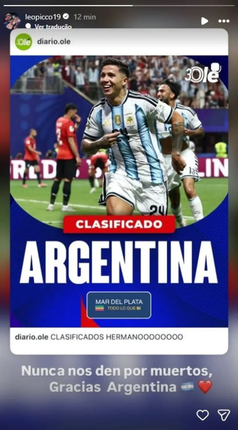 Volante do Remo, Picco festeja classificação da Argentina na Copa