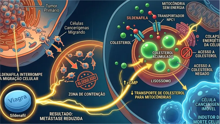 Representação gráfica de células cancerígenas em processo de metástase, fase em que a privação de colesterol impede a invasão de novos órgãos.