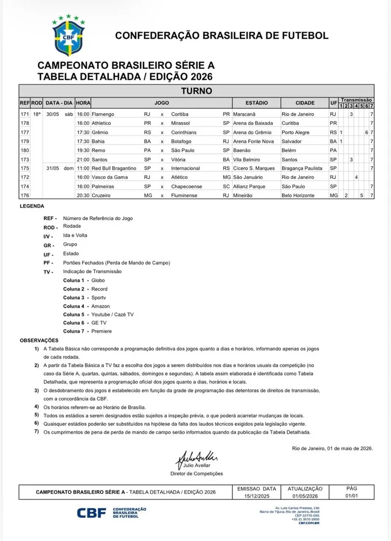 Tabela foi divulgada na noite da última sexta-feira, 1