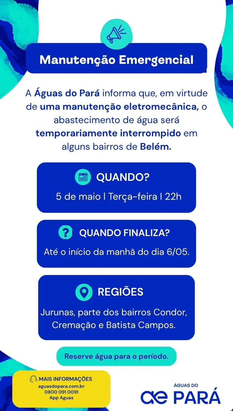 Veja quais bairros de Belém ficarão sem água temporariamente nesta madrugada