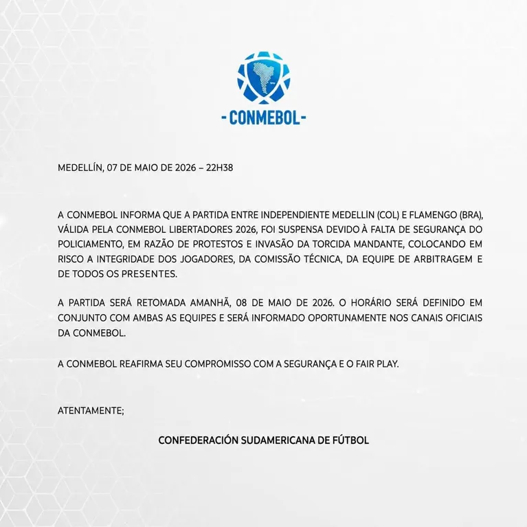 Jogo é cancelado por falta de segurança e Flamengo pode ser decretado vencedor por W.O