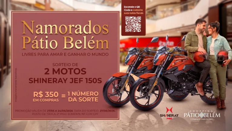 O Dia dos Namorados no Pátio Belém pode render muito mais do que presentes. A cada R$ 350 em compras nas lojas participantes, os clientes concorrem ao sorteio de duas motos.
