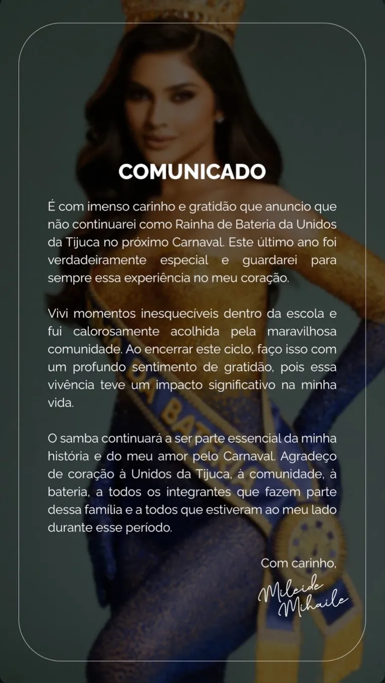 Mileide Mihaile deixa posto de Rainha de Bateria da Unidos da Tijuca