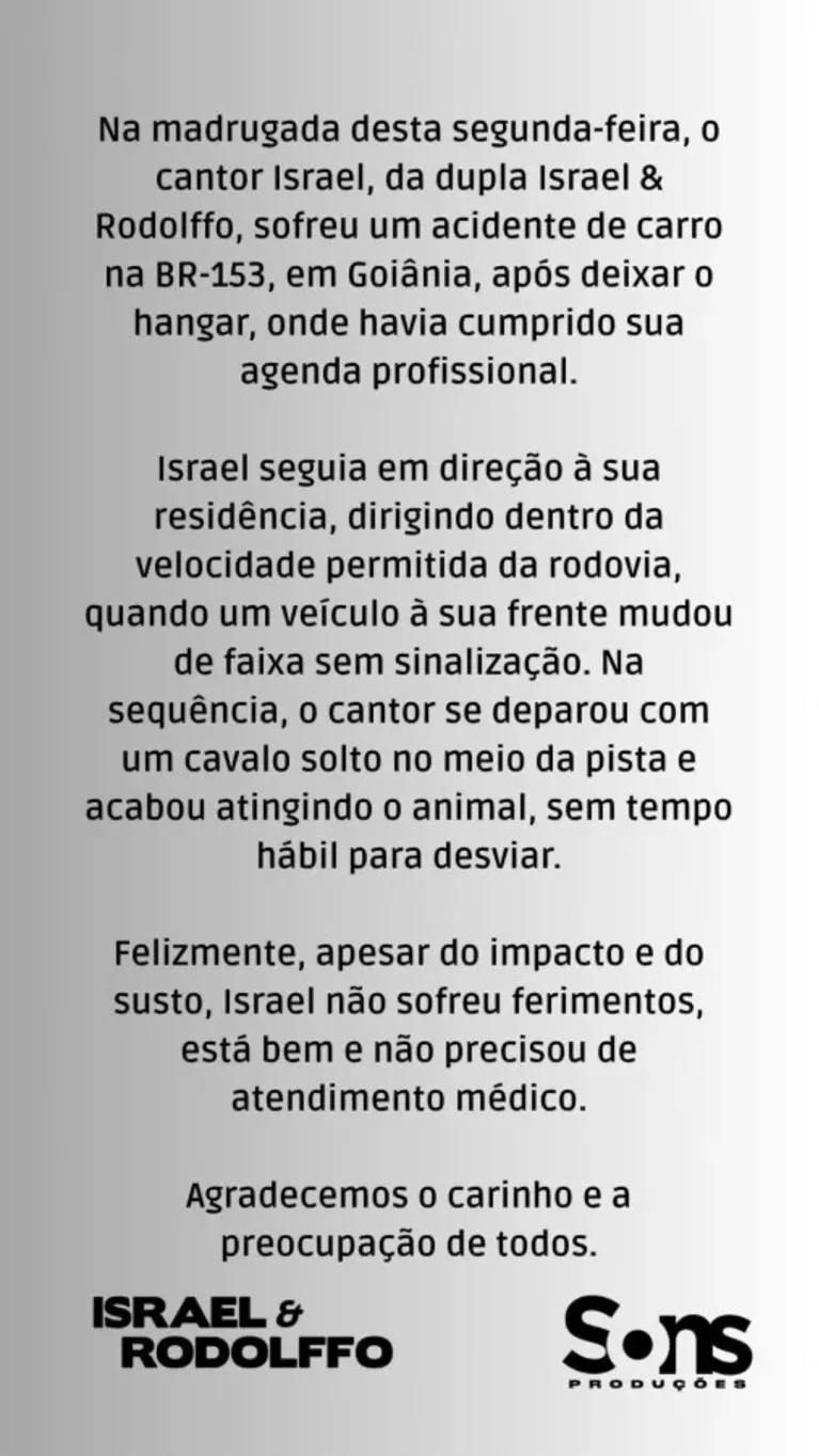 Cantor sofre grave acidente na madrugada desta segunda-feira (25)