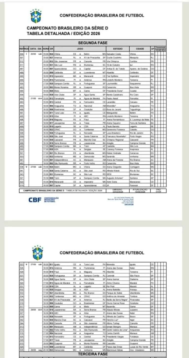 CBF detalha confrontos de Águia e Tuna na segunda fase da Série D