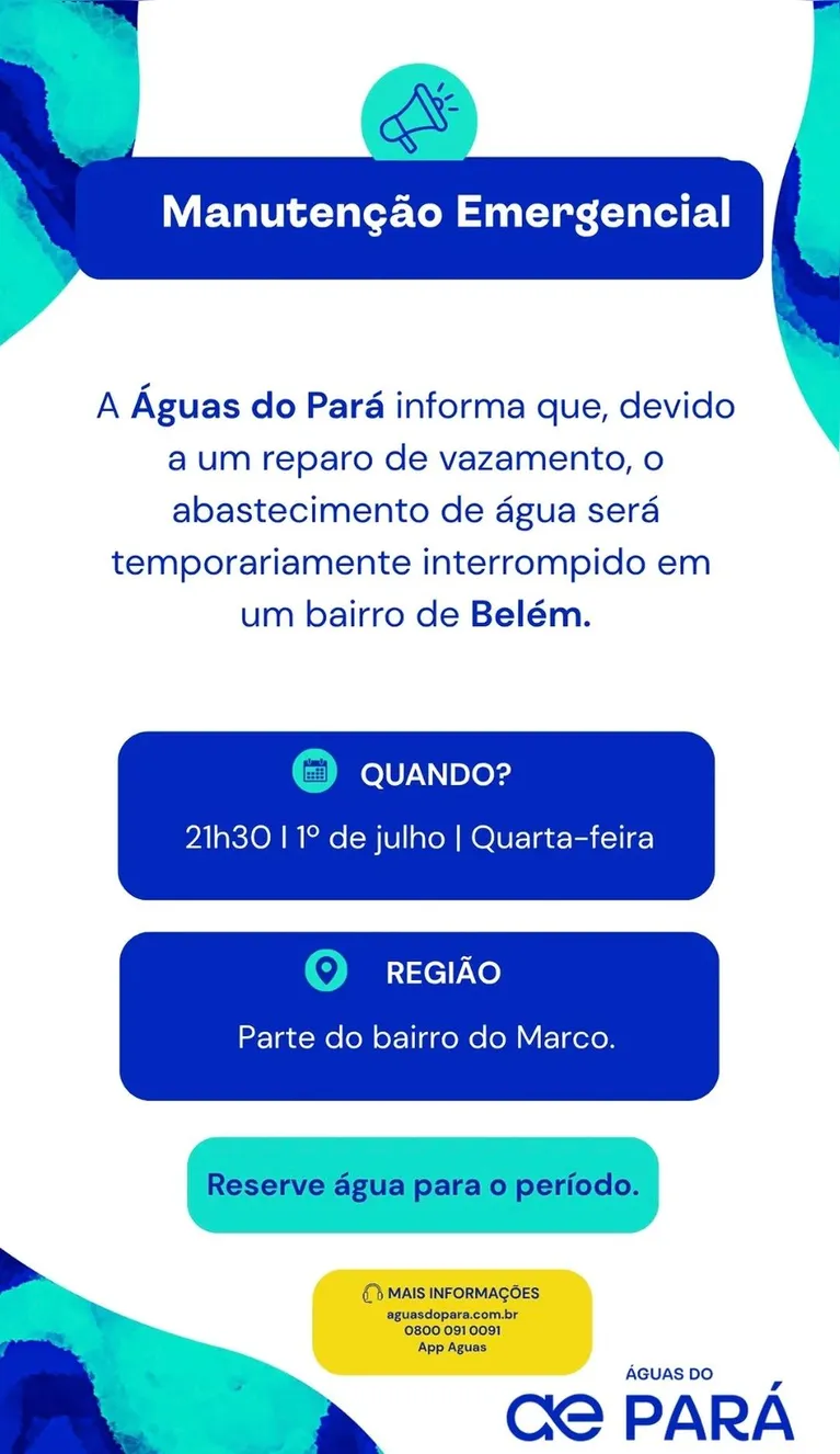 Bairro de Belém terá fornecimento de água interrompido nesta quarta-feira (1º/07)