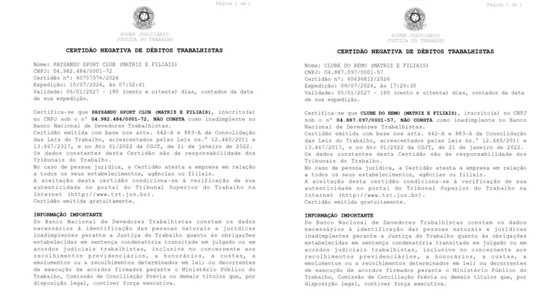 Remo e Paysandu obtêm certidão de 'nada consta' na Justiça do Trabalho 