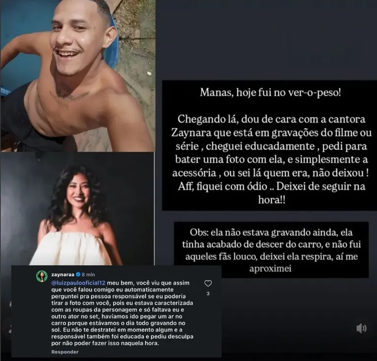 Zaynara se envolve em polêmica com influenciador por pedido de foto