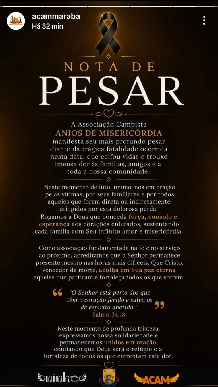 A Associação Campista Anjos de Misericórdia se manifestou em tom de profundo luto diante da fatalidade que impactou a comunidade.