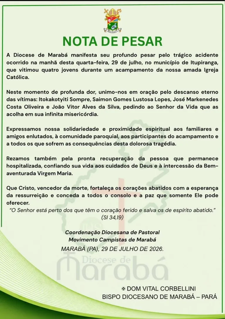 Bispo de Marabá, Dom Vital Corbellini, emite nota por meio da Diocese de Marabá