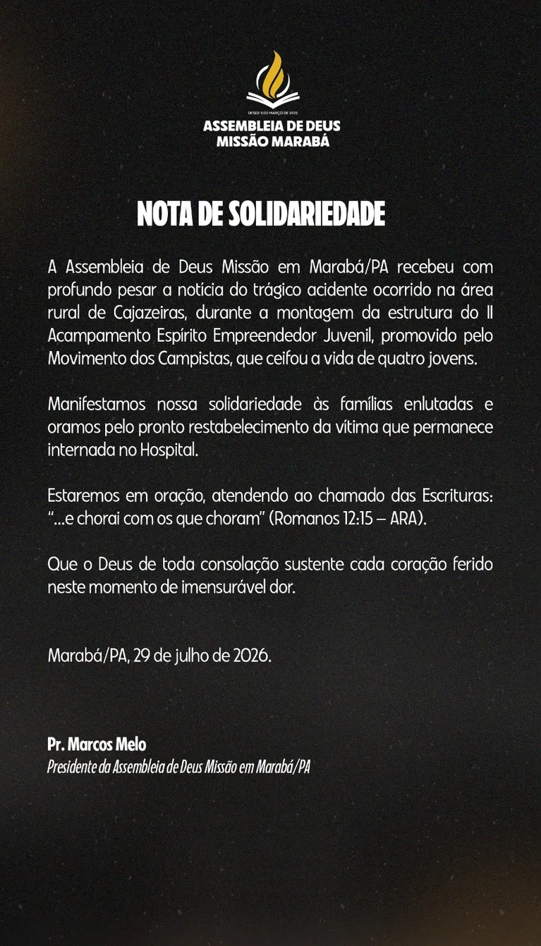 Assembleia de Deus Missão, entidade evangélica de Marabá e região, também prestou sua solidariedade
