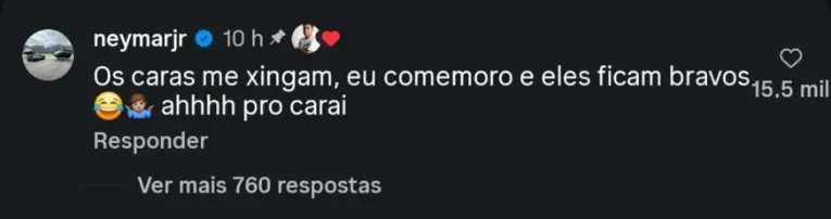 Neymar comentou em um vídeo do instagram
