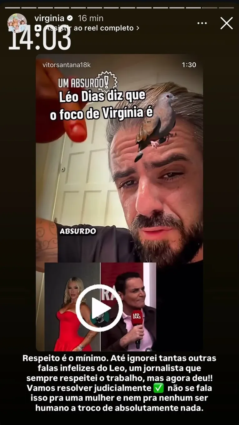 Virginia promete processar Leo Dias após fala sobre vida amorosa