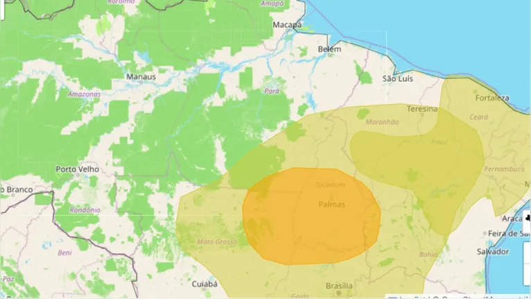 Mapa do Inmet destaca em amarelo e laranja as regiões brasileiras sob alerta meteorológico.