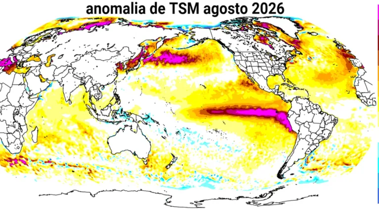 Mapa mais recente destaca, nas áreas em magenta, uma faixa do Oceano Pacífico tropical com temperaturas até 4°C acima da média, sinalizando o forte aquecimento associado ao El Niño.