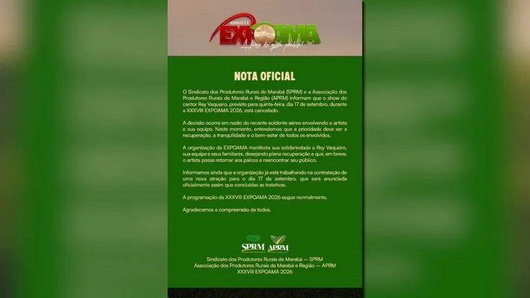 O show do cantor de forró Rey Vaqueiro, agendado para a próxima quinta-feira (17) dentro da programação da XXXVIII Expoama, foi oficialmente cancelado.
