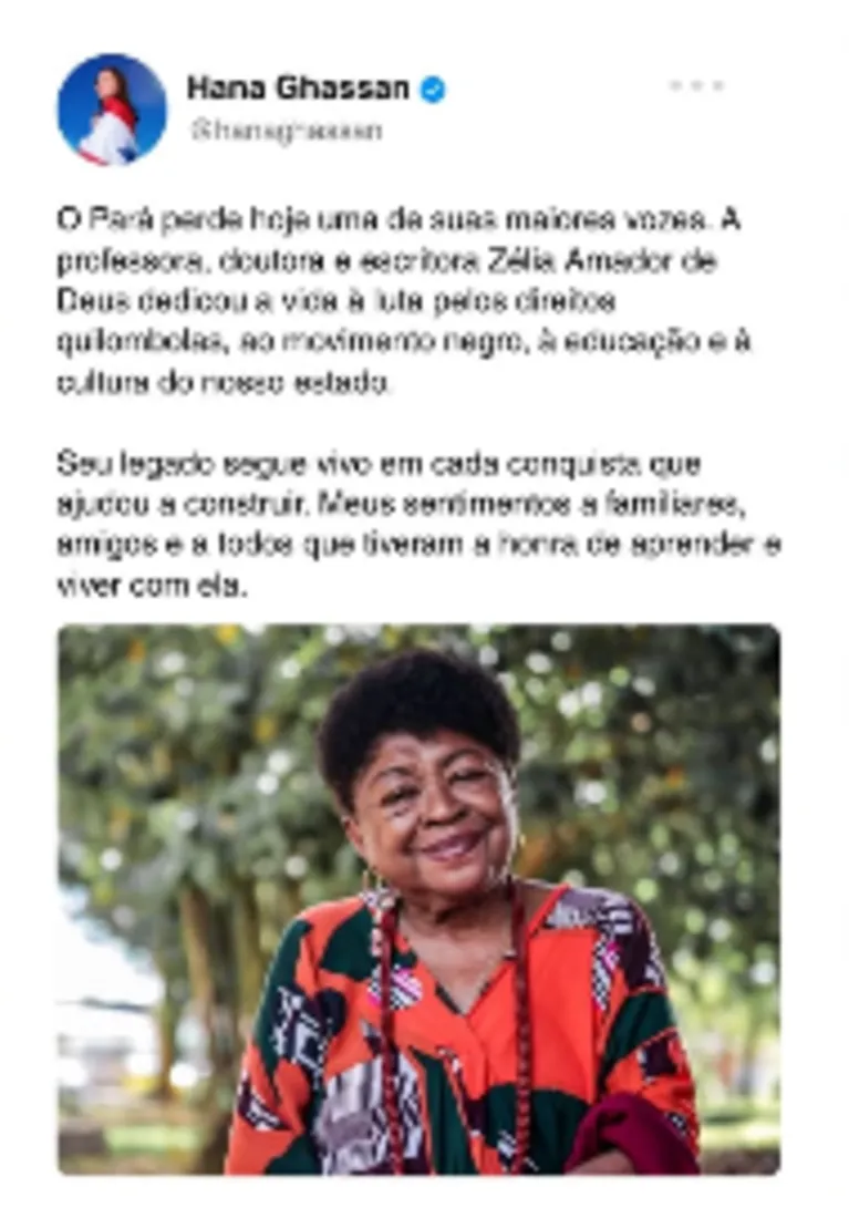 Governadora do Pará e Prefeito de Belém lamentam a morte de Zélia Amador