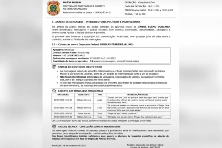 Documento falso atribuído à Polícia Federal circulou nas redes sociais com informações distorcidas sobre as conversas entre Nikolas Ferreira e Daniel Vorcaro.