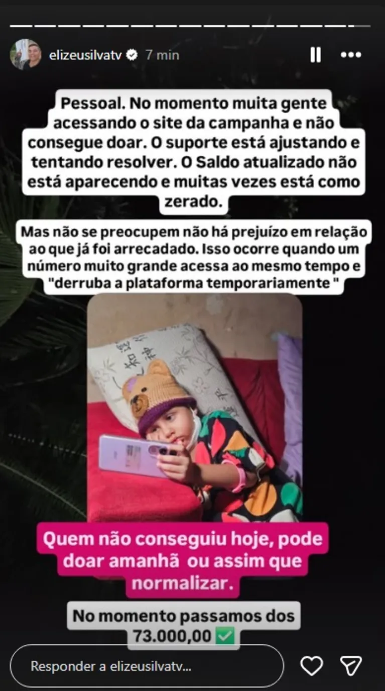Postagem do perfil indica que com a ampliação da meta, vakinha ultrapassa os R$ 70 mil
