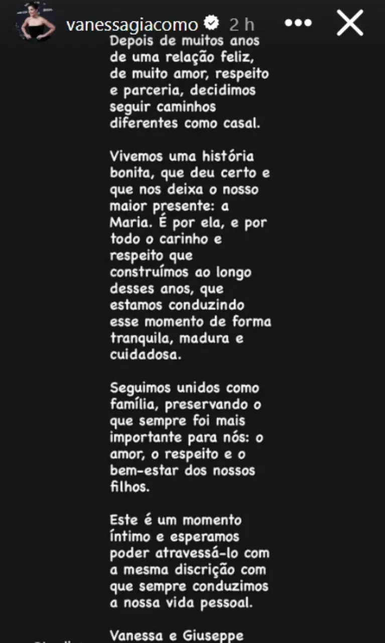 Vanessa Giácomo e Giuseppe Dioguardi anunciam separação após 12 anos