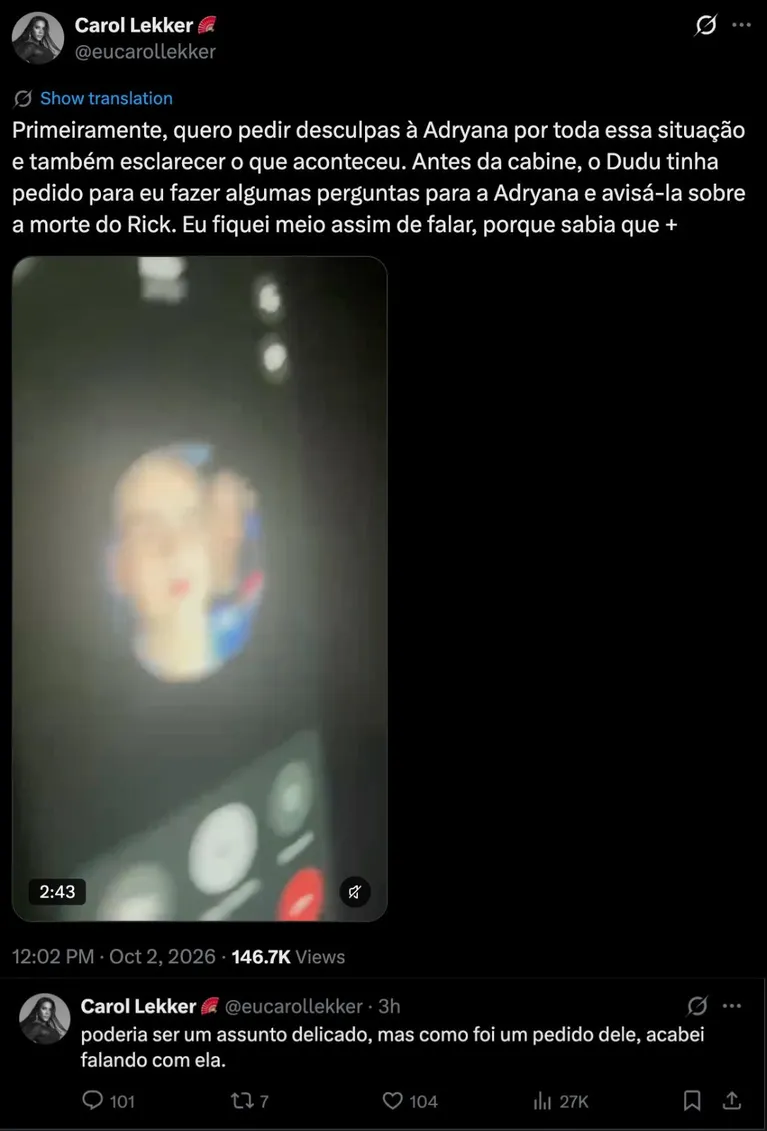 “Errei ao ir na pilha”, diz Carol Lekker sobre revelar morte de Rick para Adryana