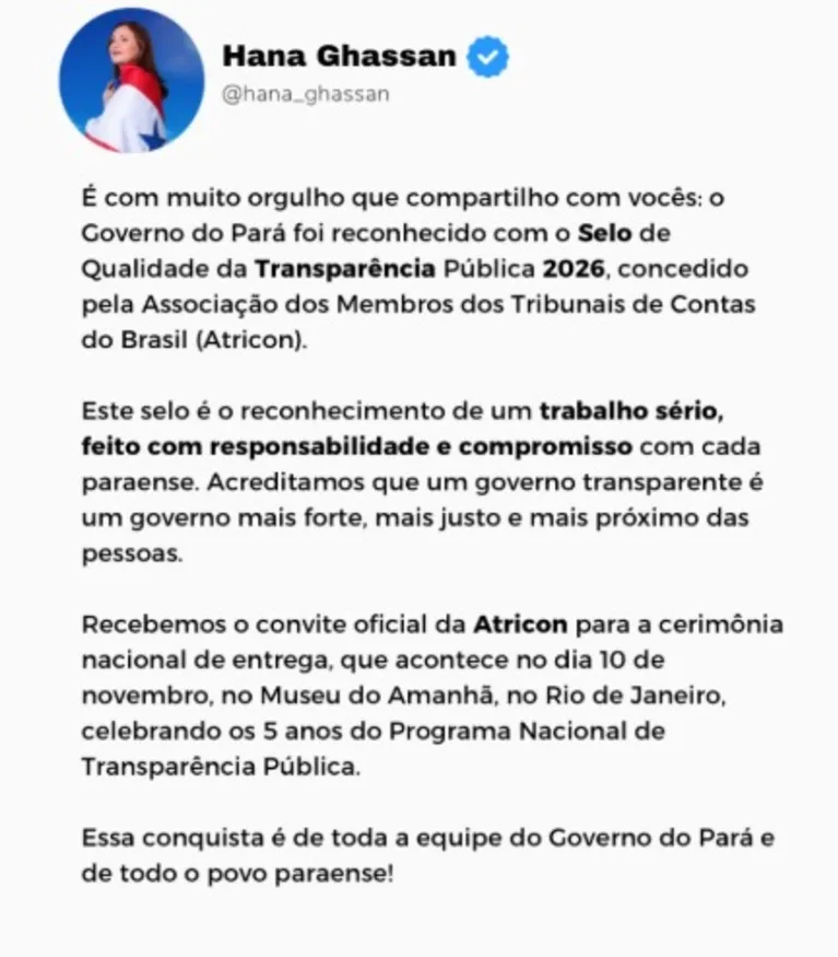 Pará conquista Selo de Qualidade da Transparência Pública 2026