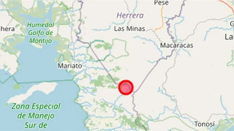 Mapa ilustra a localização do epicentro do terremoto, registrado a 39 km a noroeste de Tonosí, na província de Los Santos, no Panamá.