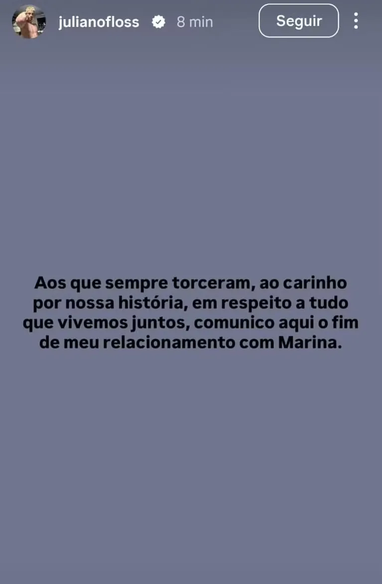 Juliano utilizou os stories do Instagram para anunciar o fim do relacionamento com Marina Sena
