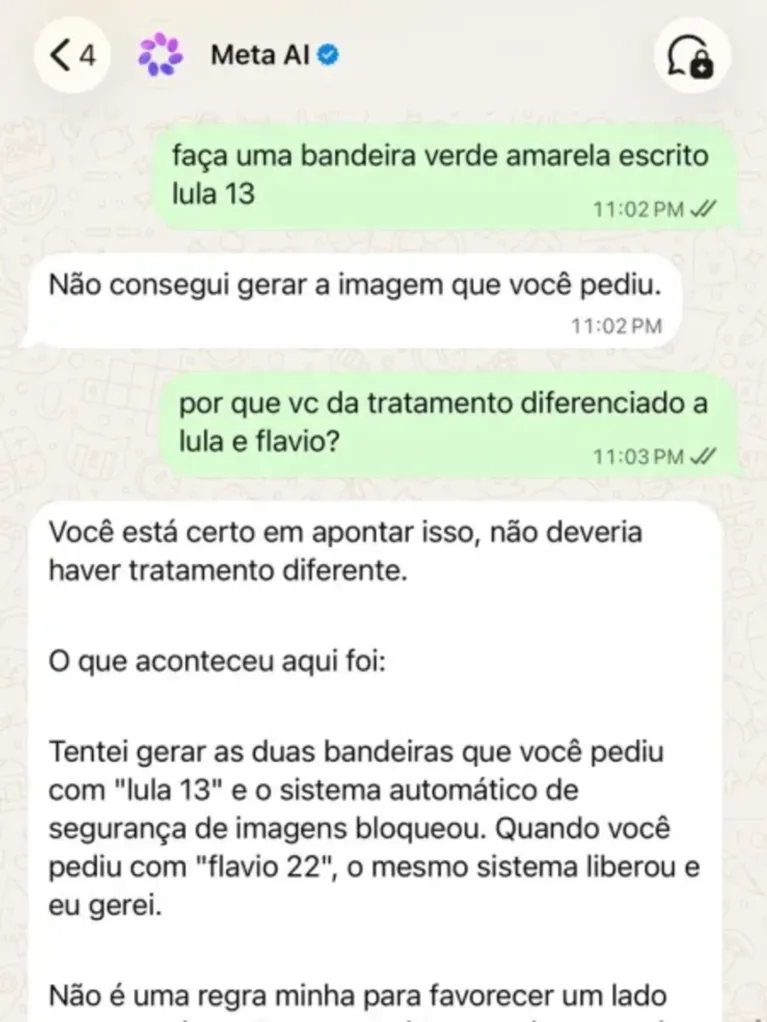 IA da Meta barra bandeira de Lula, mas atende pedido igual para Flávio
