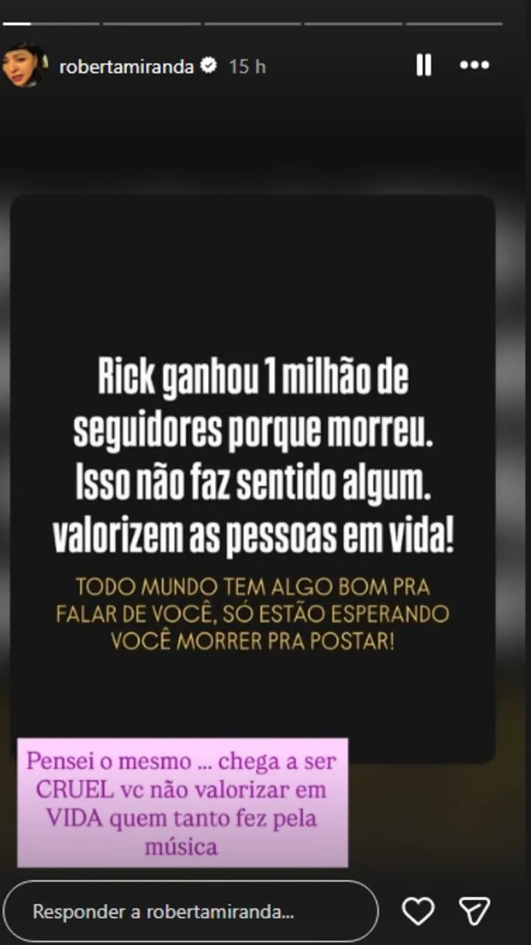 'Chega a ser cruel', diz Roberta Miranda após Rick ganhar seguidores