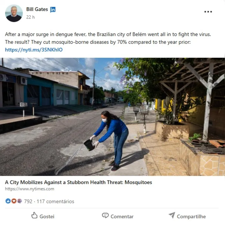 Bill Gates compartilha reportagem sobre combate à Dengue em Belém