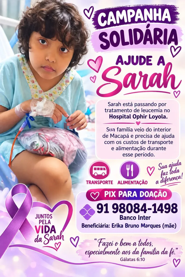 Família pede ajuda para tratamento de criança com leucemia em Belém