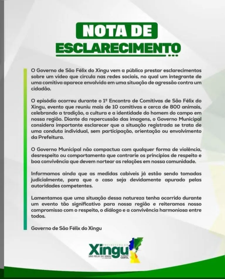 Em nota oficial divulgada nesta quarta-feira, 30, a Prefeitura de São Félix do Xingu lamentou o episódio