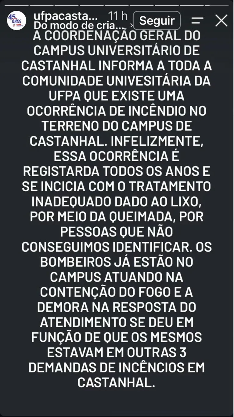 Incêndio na UFPA de Castanhal teria sido causado por queima irregular de lixo 