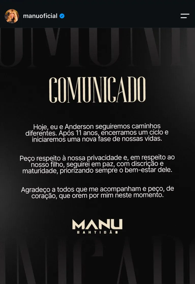 Ex-marido de Manu Bahtidão se pronuncia após fim do casamento: “Peito apertado”