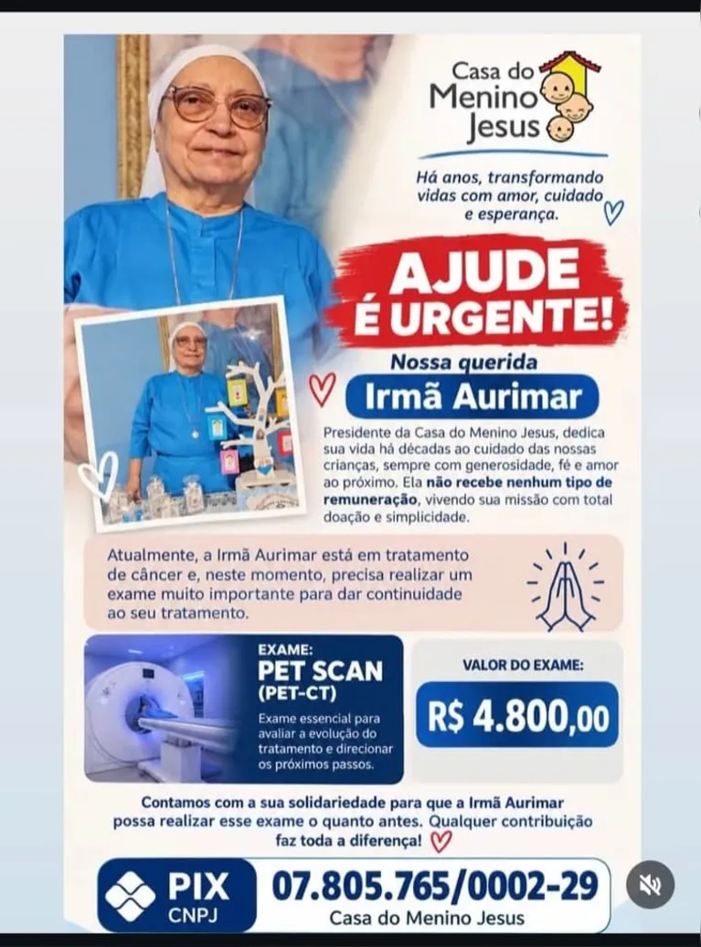 Casa do Menino Jesus pede ajuda para custear exame de Irmã Aurimar