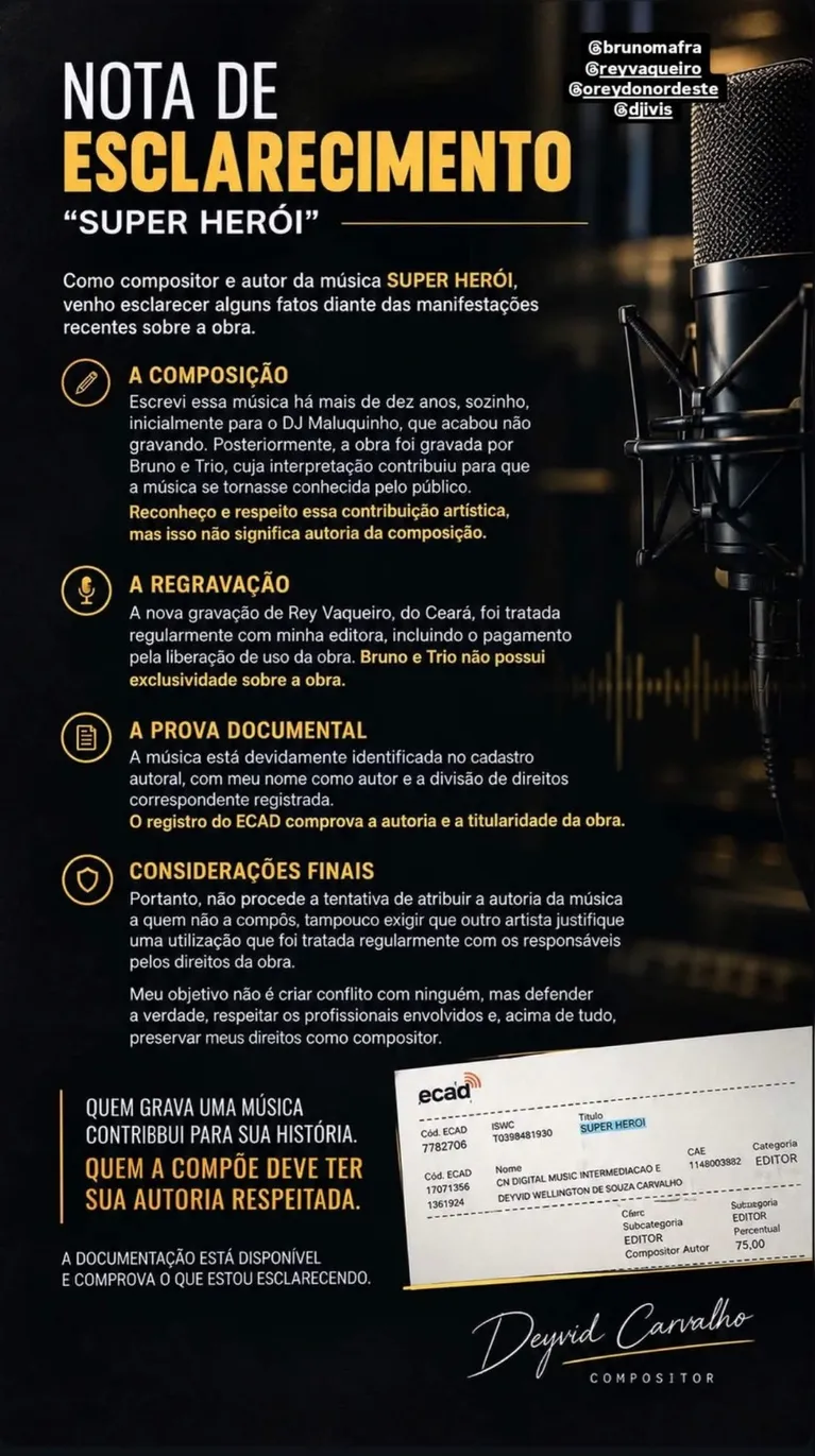 Bruno Mafra acusa Rey Vaqueiro de usar música sem autorização