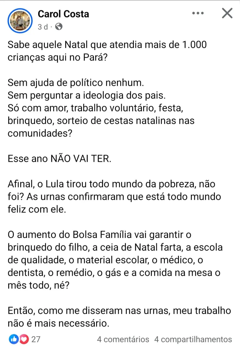 Presidente do PL em Ananindeua cancela ação solidária após eleição de Lula